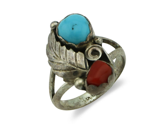 Navajo Ring .925 Silver Turquoise & Coral Native American Artist C.1980's