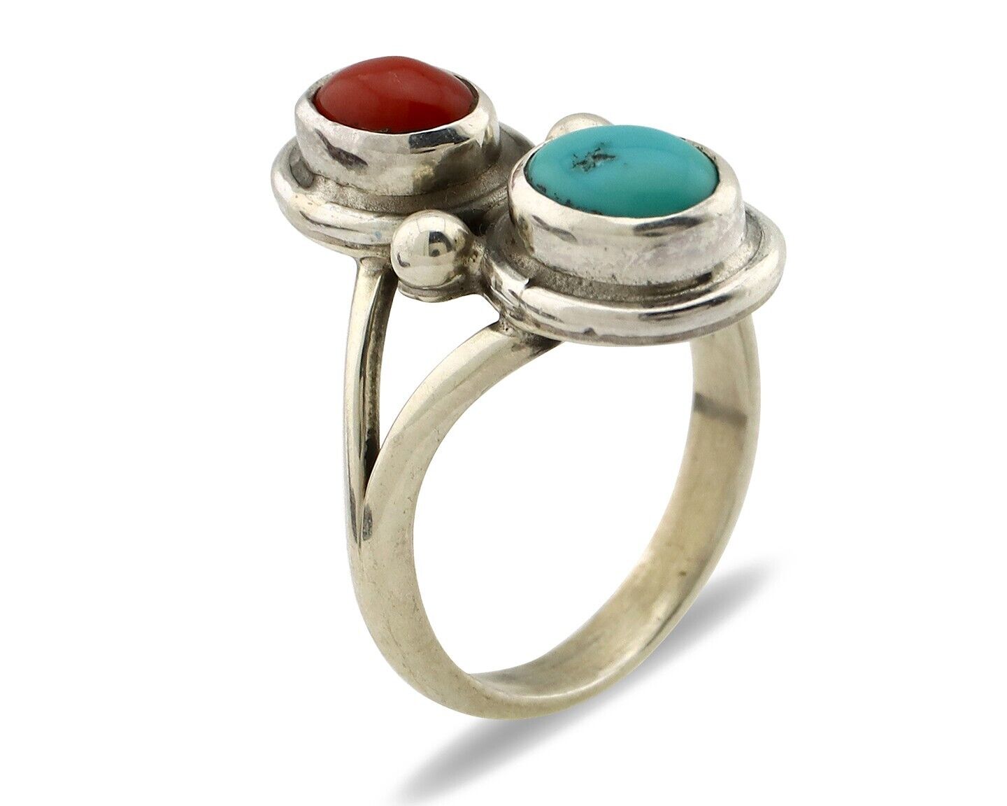 Navajo Handmade Ring 925 Silver Coral & Turquoise Native American Artist C.80's