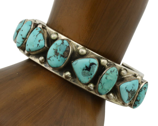 Navajo Bracelet .925 Silver Nevada Blue Turquoise Artist Signed DC 80's