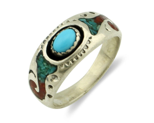 Navajo Handmade Ring 925 Silver Blue Turquoise & Coral Native American C.80's