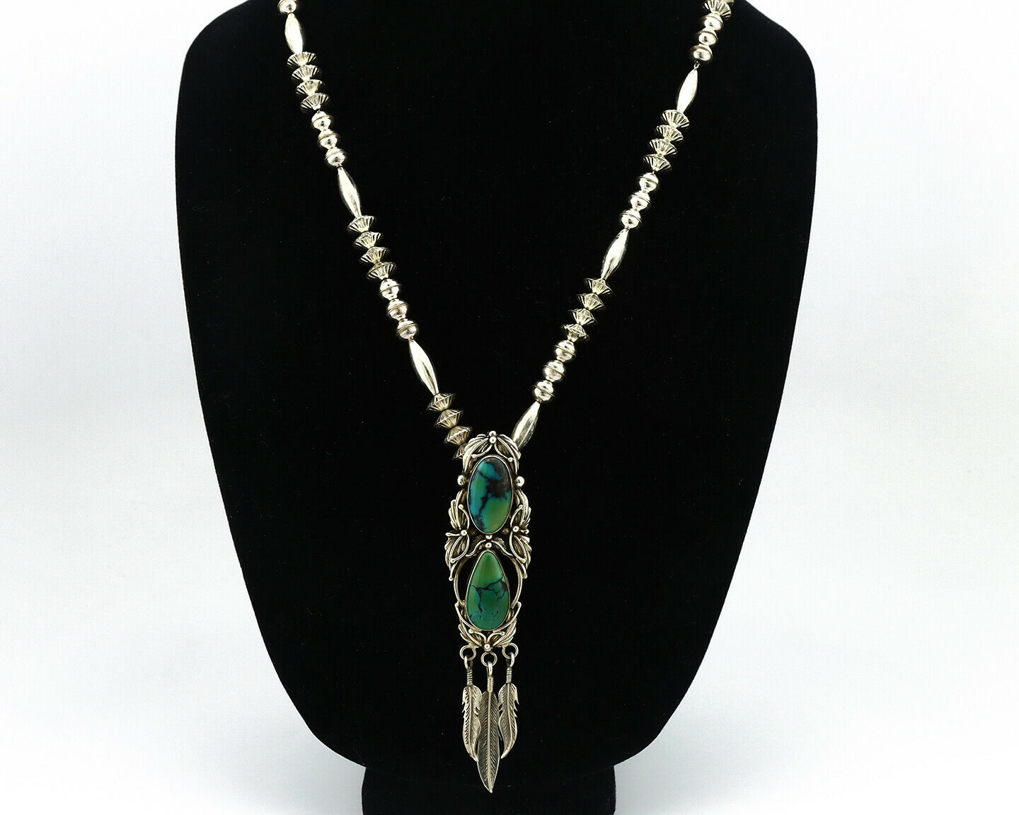 Navajo Necklace .925 Silver Natural Turquoise Artist Signed AB C.80's