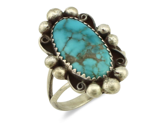 Navajo Ring .925 Silver Blue Spiderweb Turquoise Artist Signed Talhat C.90's