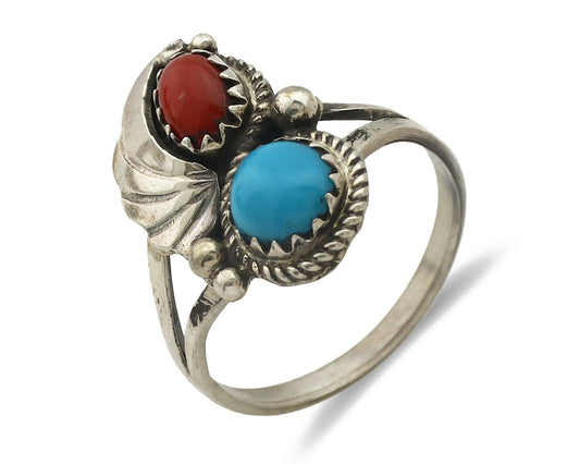 Navajo Ring .925 Silver Morenci Turquoise & Coral Native Artist Signed JM C.80's