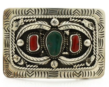 Navajo Belt Buckle .925 Silver Green Turquoise Coral Signed Teepee C.80's