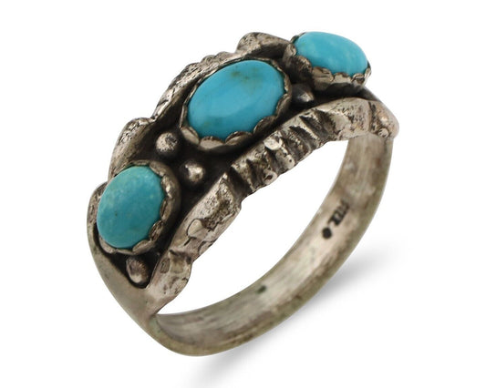 Navajo Ring .925 Silver Natural Blue Turquoise Artist Signed Sun Bell C.80's