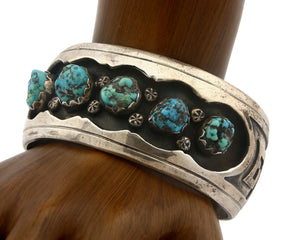 Navajo Bracelet .925 Silver Natural Chunk Turquoise Signed HU C.80's