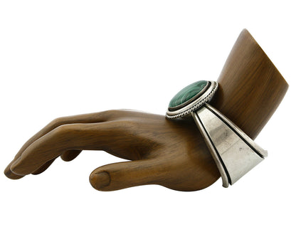 Women's Navajo Bracelet .925 Silver Natural Malachite Cuff Signed ED Circa 1980s