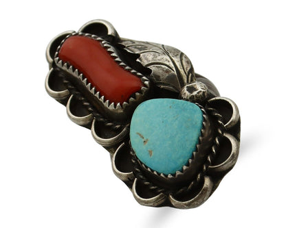 Navajo Ring 925 Silver Blue Turquiose & Coral Artist Signed ID C.80's