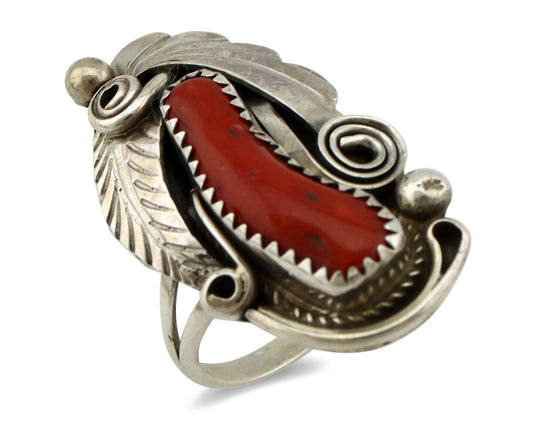 Navajo Ring 925 Silver Mediterranean Coral Artist Signed Justin Morris C.80's