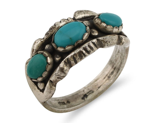 Navajo Ring .925 Silver Natural Blue Turquoise Artist Signed Sun Bell C.80's