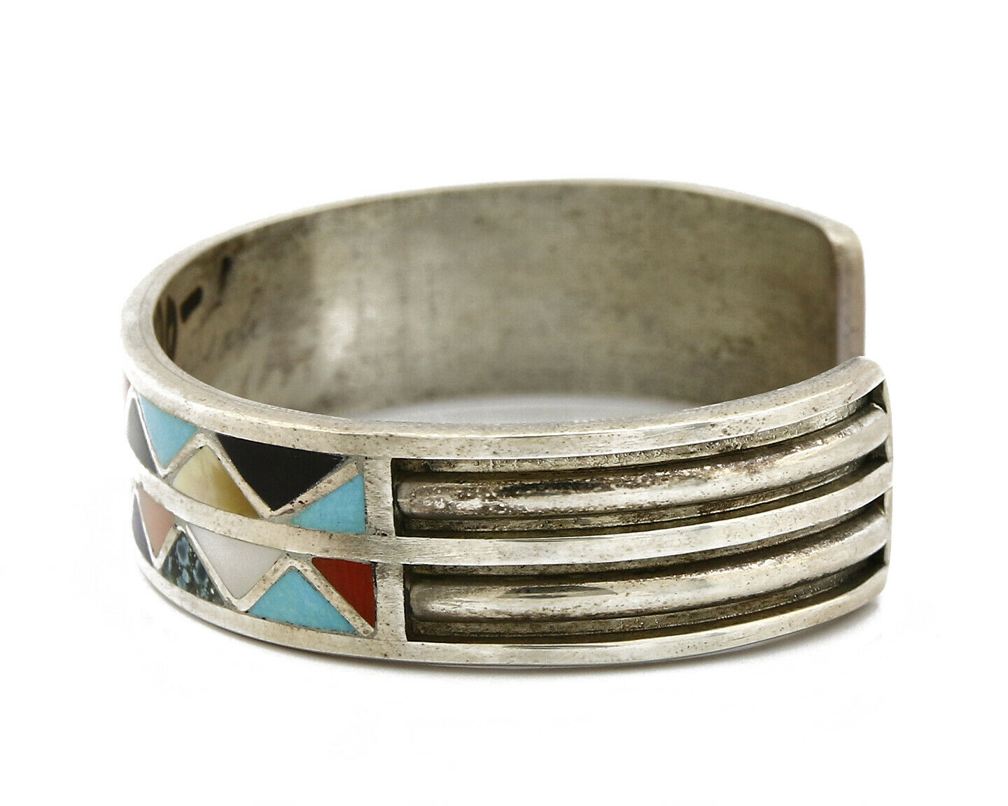 Zuni Signed Anita Banteah Inlaid Multiple Gemstone .925 Cuff Bracelet