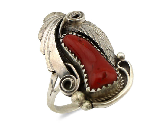 Navajo Ring 925 Silver Mediterranean Coral Artist Signed Justin Morris C.80's