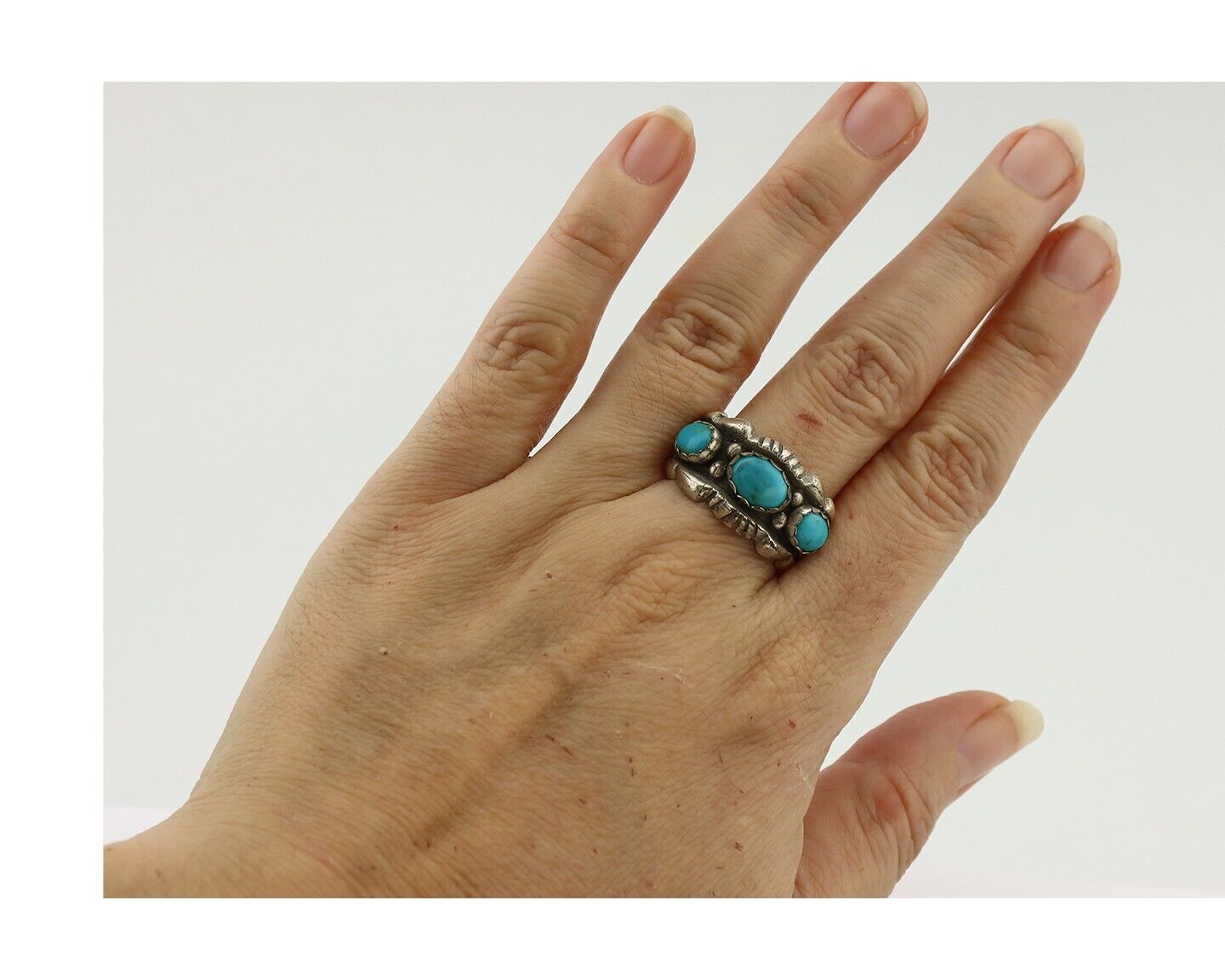 Navajo Ring .925 Silver Natural Blue Turquoise Native American Artist C.80's