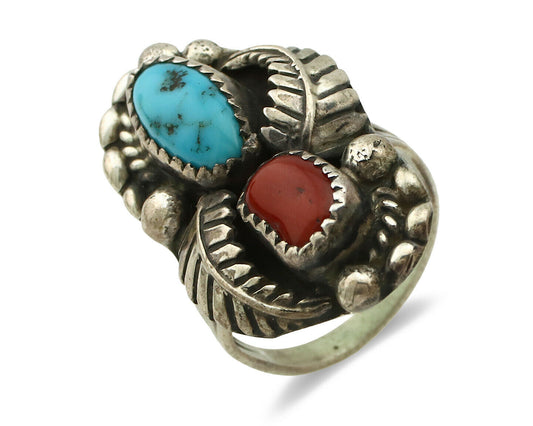 Navajo Ring .925 Silver Turquoise & Coral Artist Signed Thomas Singer C.80's