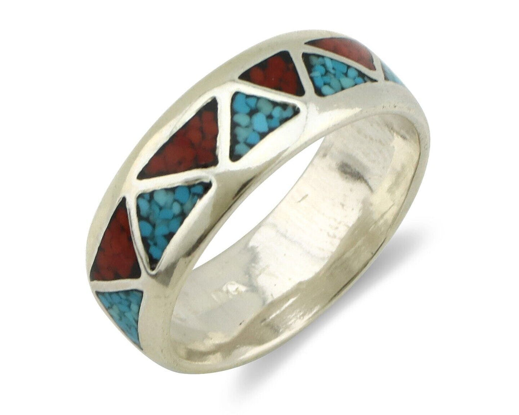 Navajo Ring 925 Silver Natural Turquoise & Coral Native American Artist C.80's