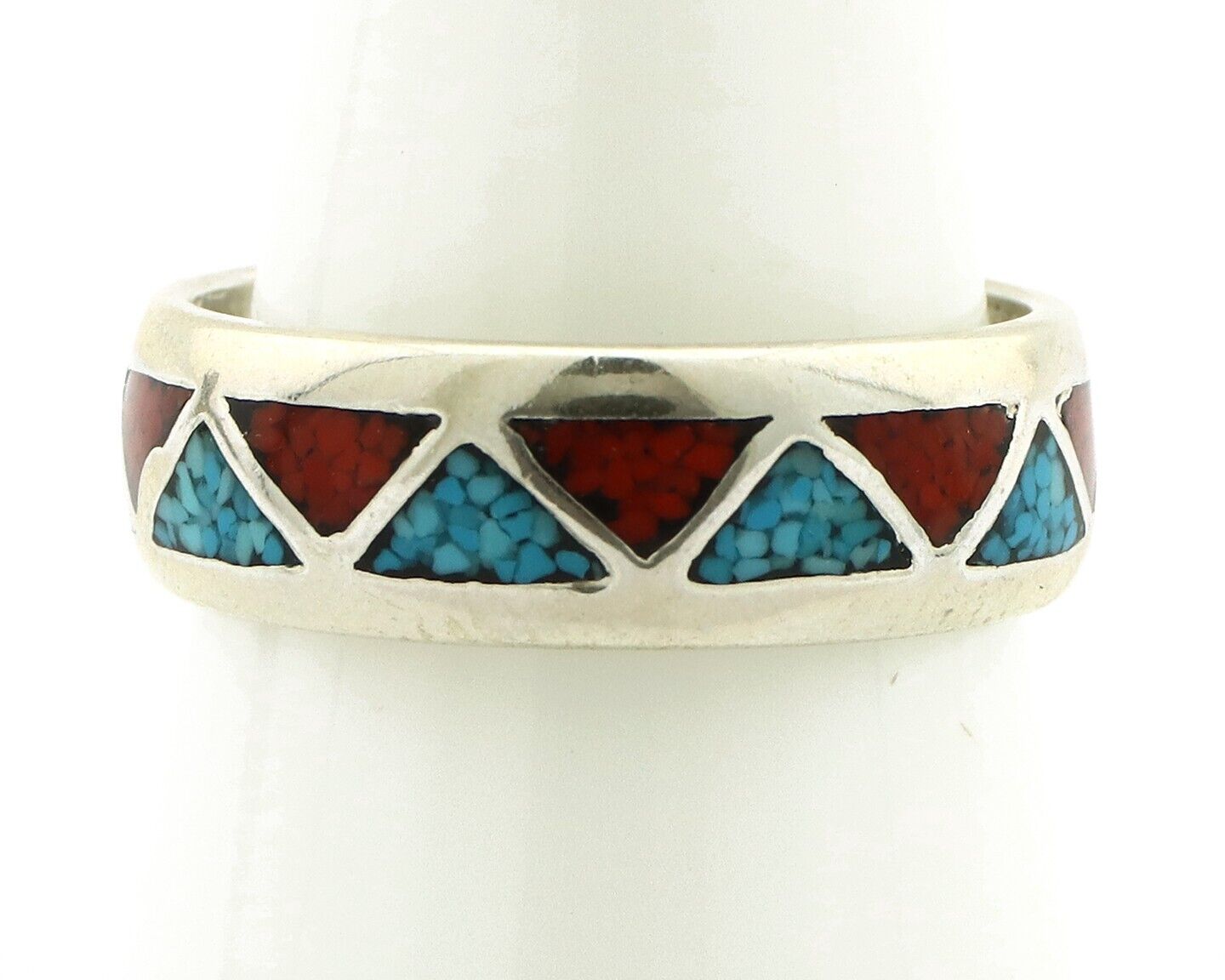 Navajo Chip Inlay Ring 925 Silver Sleeping Beauty Turquoise & Coral Silver Cloud