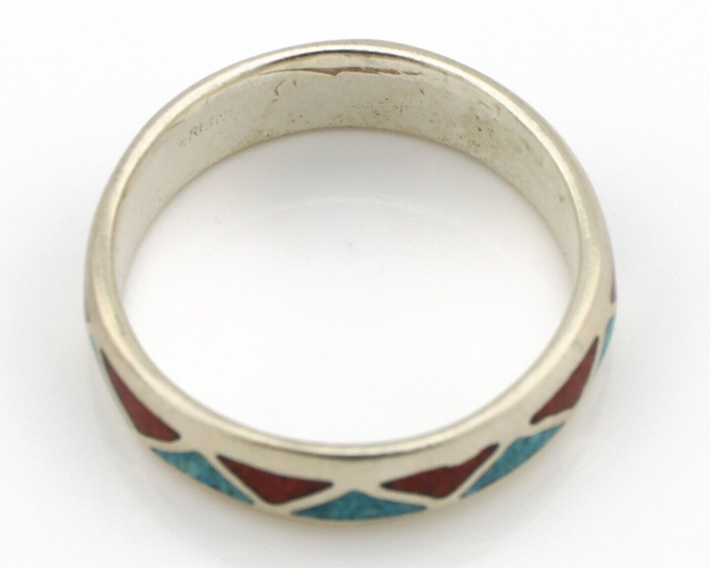 Navajo Chip Inlay Ring 925 Silver Sleeping Beauty Turquoise & Coral Silver Cloud