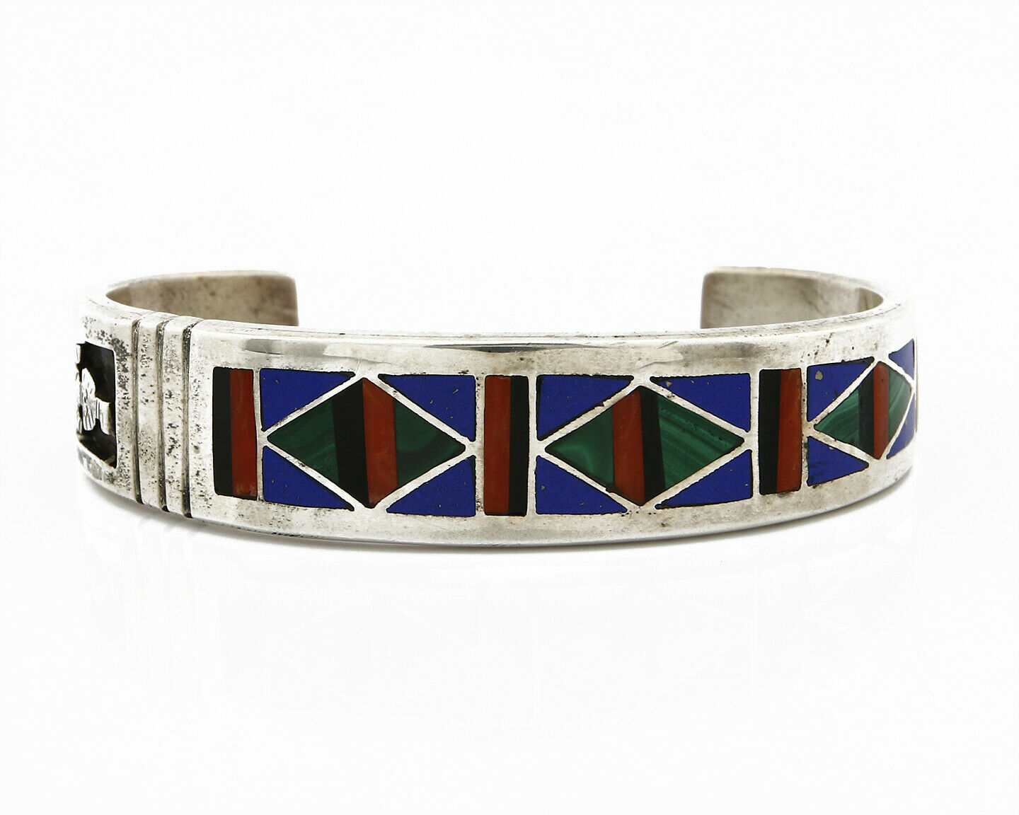 C. 1980's Zuni Inlaid Natural Gemstone .925 Silver Cuff Bracelet