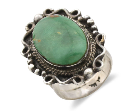 Navajo Ring .925 Silver Green Turquoise Signed By Native C.1980's