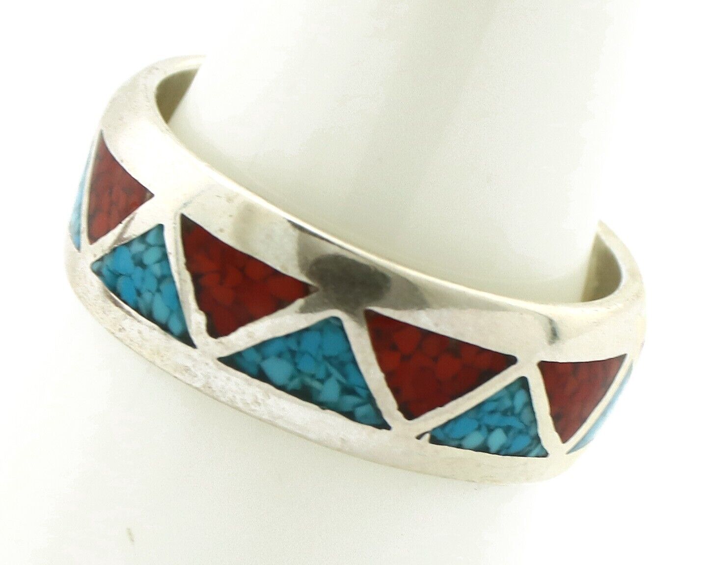 Navajo Chip Inlay Ring 925 Silver Sleeping Beauty Turquoise & Coral Silver Cloud