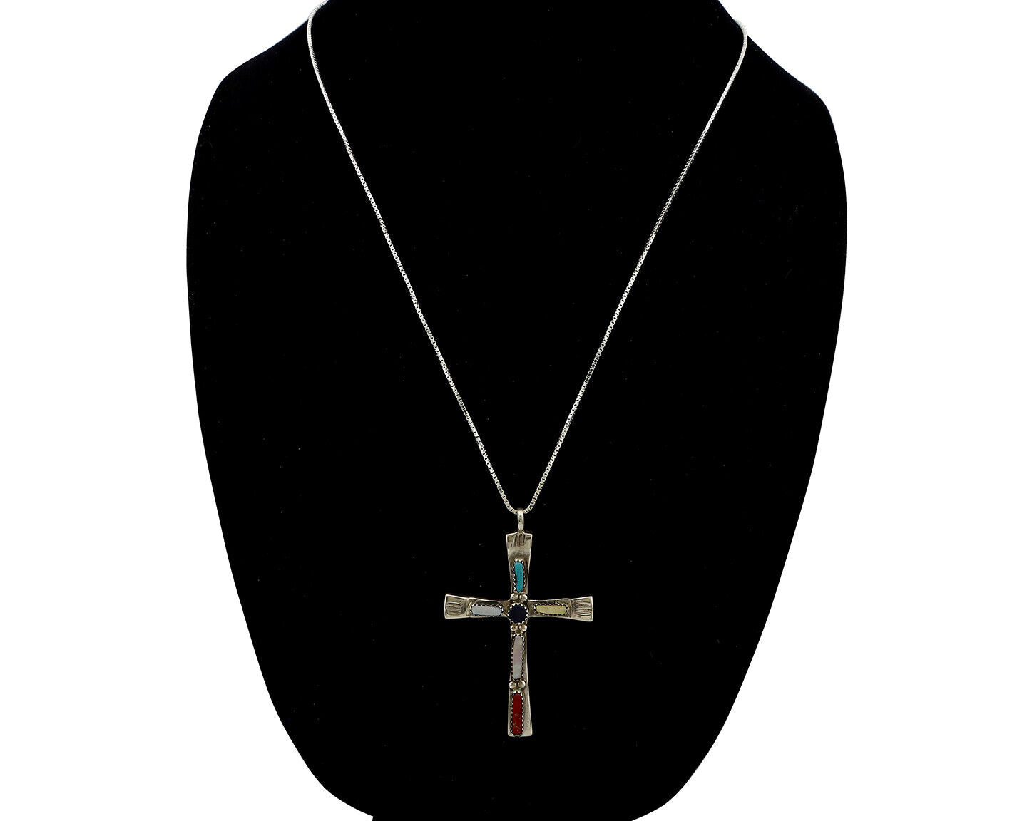 Zuni Handmade Cross Necklace 925 Silver Natural Gemstone Signed C. IULE C.80's