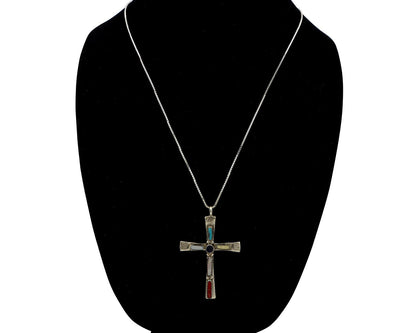 Zuni Handmade Cross Necklace 925 Silver Natural Gemstone Signed C. IULE C.80's