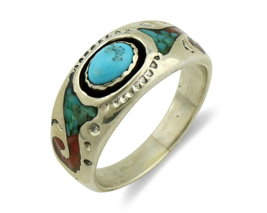 Navajo Handmade Ring 925 Silver Blue Turquoise & Coral Native American C.80's