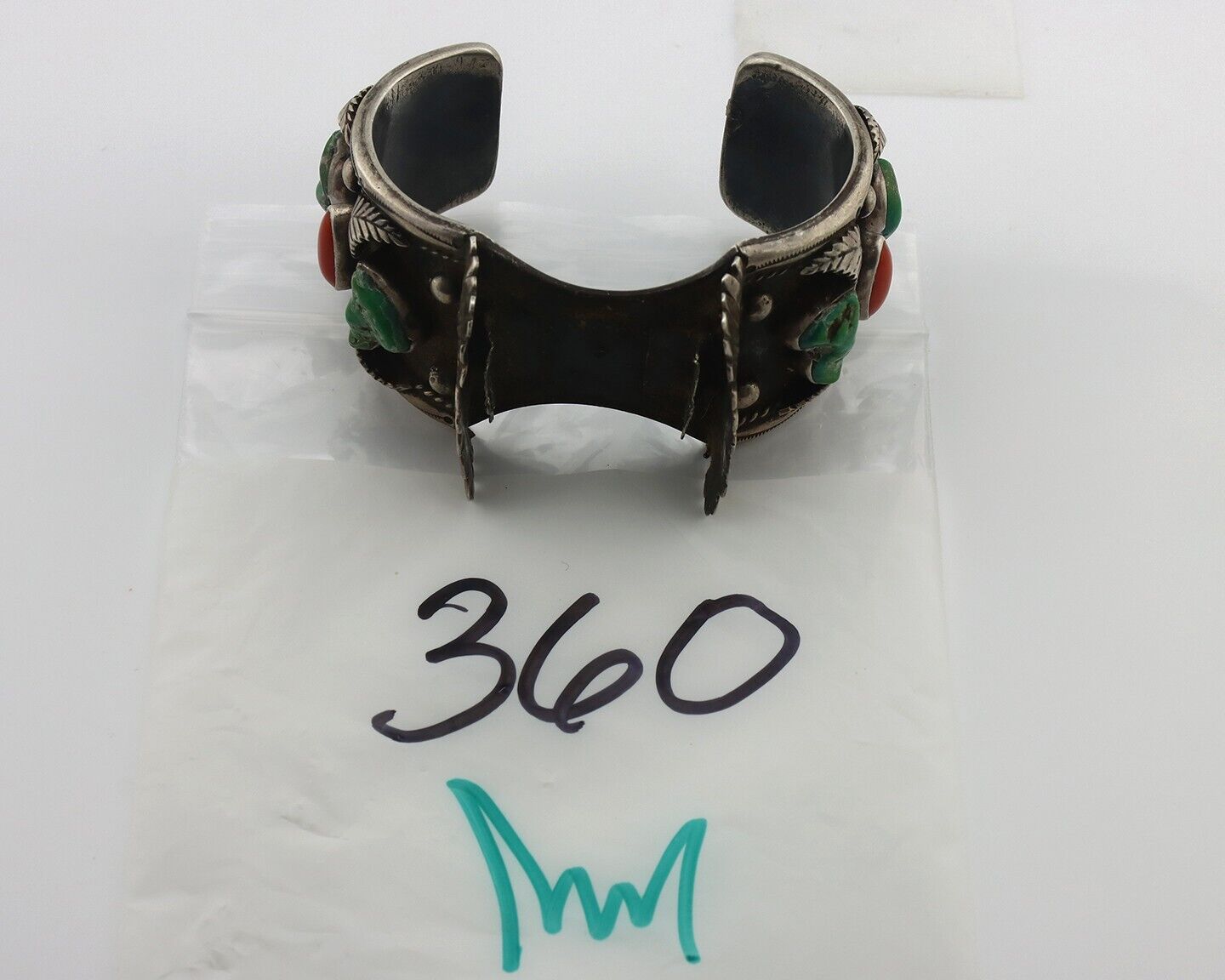 Navajo Cuff Watch Bracelet 925 Silver Green Turquoise Coral Native American C70s