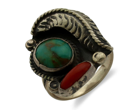 Navajo Ring 925 Silver Turquoise & Coral Handmade Native American Artist C.1980s