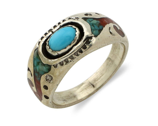 Navajo Handmade Ring 925 Silver Blue Turquoise & Coral Native American C.80's