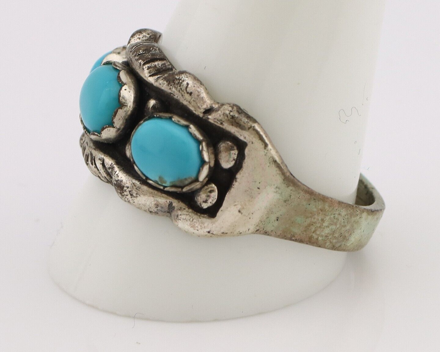 Navajo Ring .925 Silver Natural Blue Turquoise Artist Signed Sun Bell C.80's