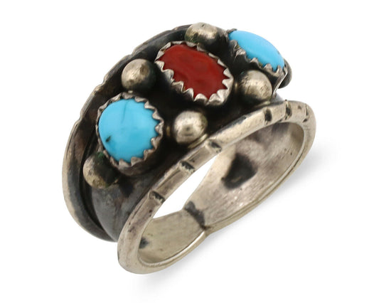 Navajo Ring .925 Silver Natural Blue Turquoise & Red Coral Native C.1980's