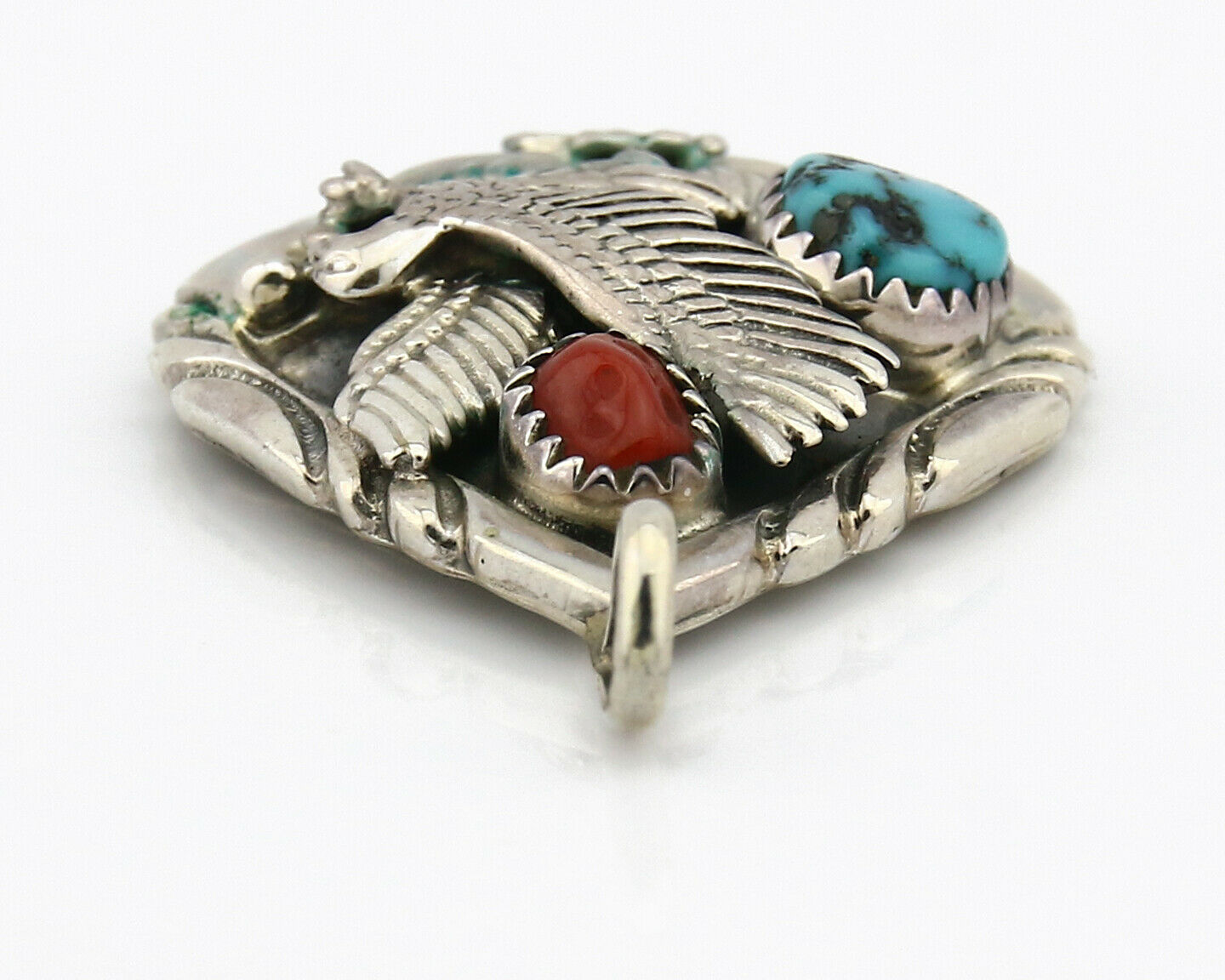 Navajo Pendant .925 Silver Coral & Turquoise Artist Native C.80's