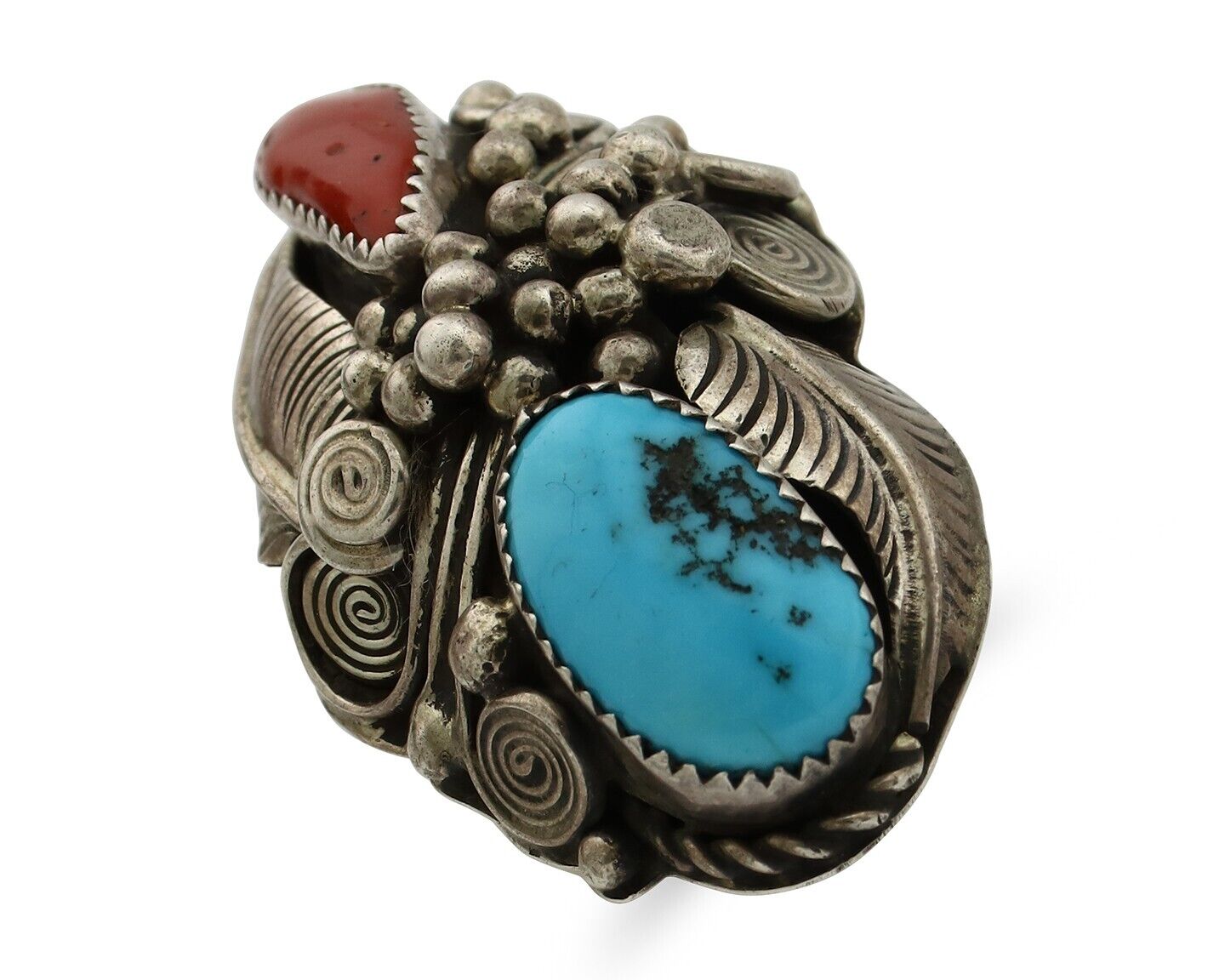 Navajo Ring 925 Silver Blue Turquiose & Coral Artist Signed JM C.80's