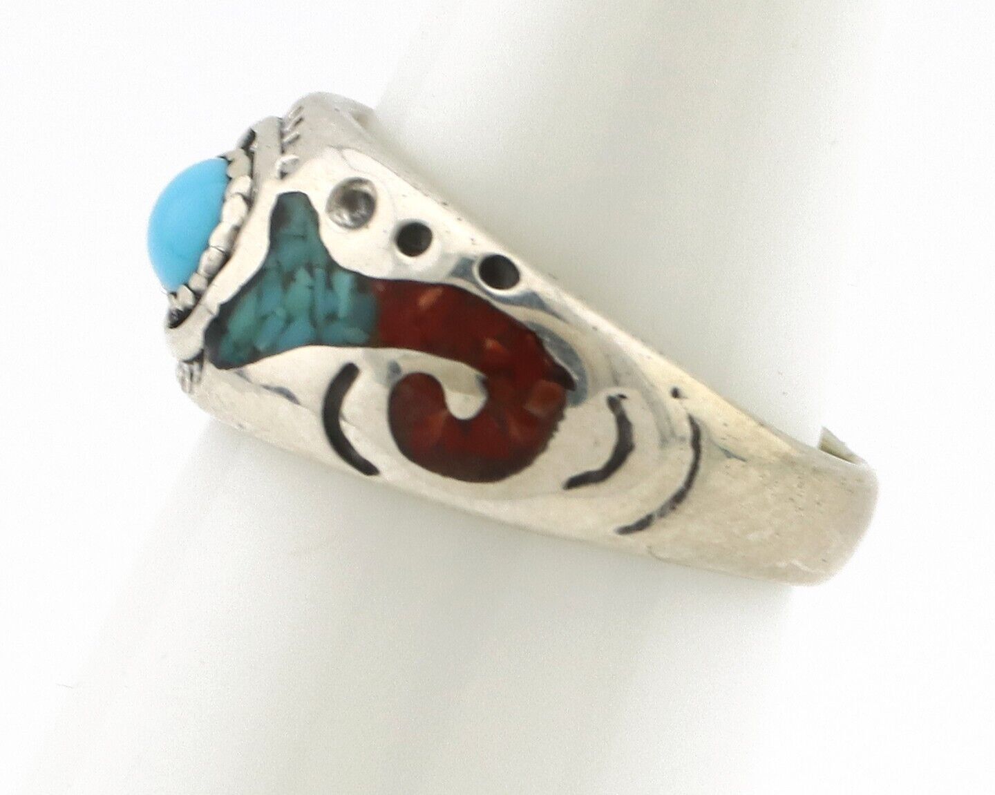 Navajo Handmade Ring 925 Silver Blue Turquoise & Coral Native American Artist