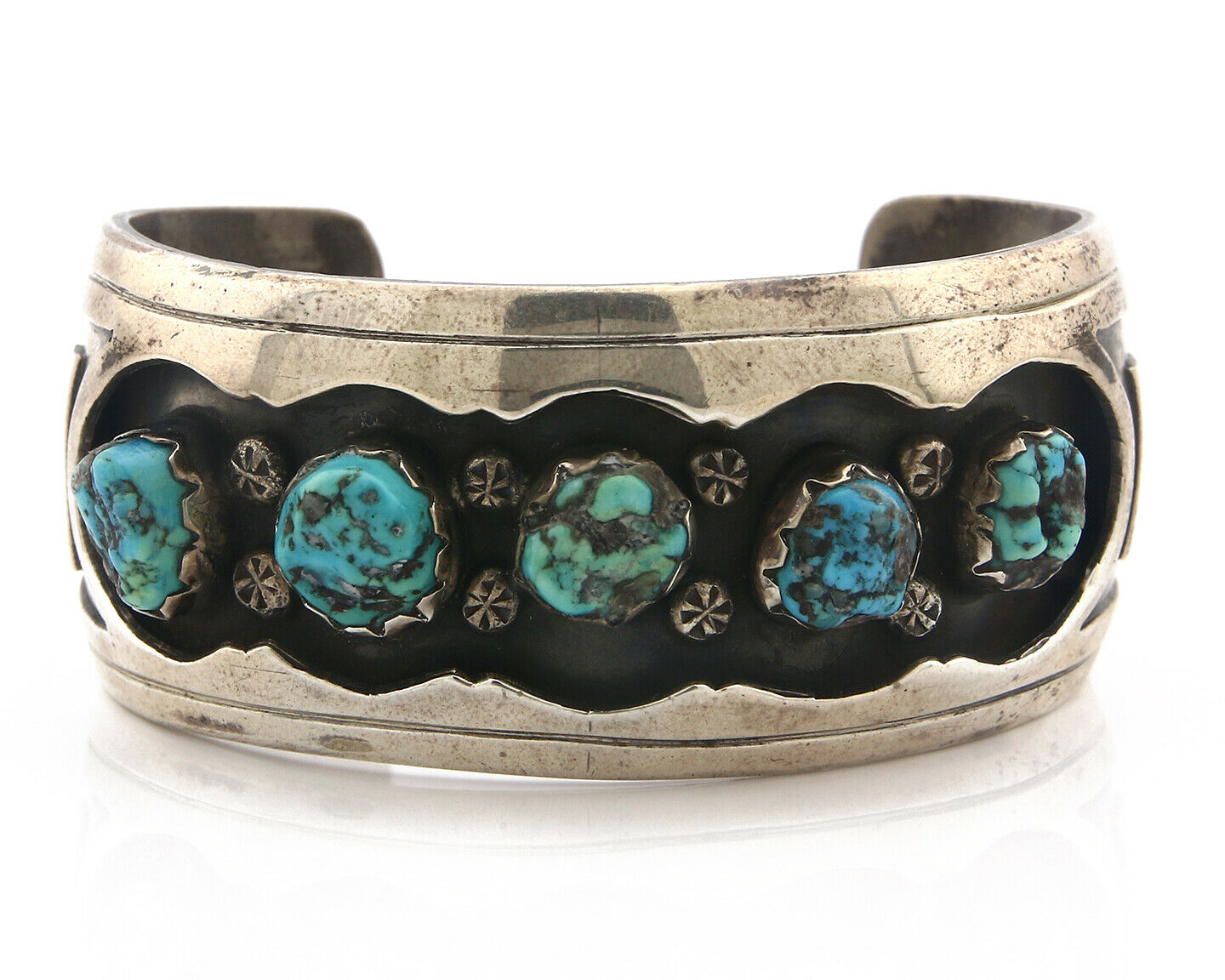 Navajo Bracelet .925 Silver Natural Chunk Turquoise Signed HU C.80's