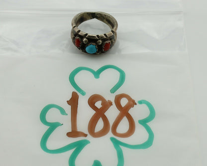 Zuni Ring .925 Silver Turquoise & Coral Artist Signed Milton Lasillo C.80's