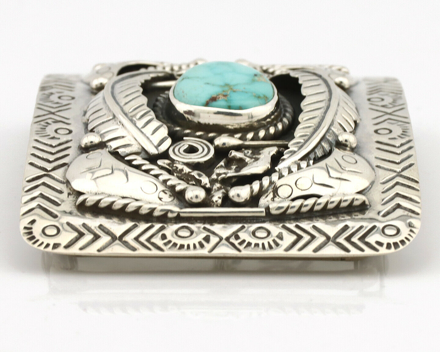 Navajo Belt Buckle .925 Silver Natural Fox Mine Turquoise Artist Signed C.1980's