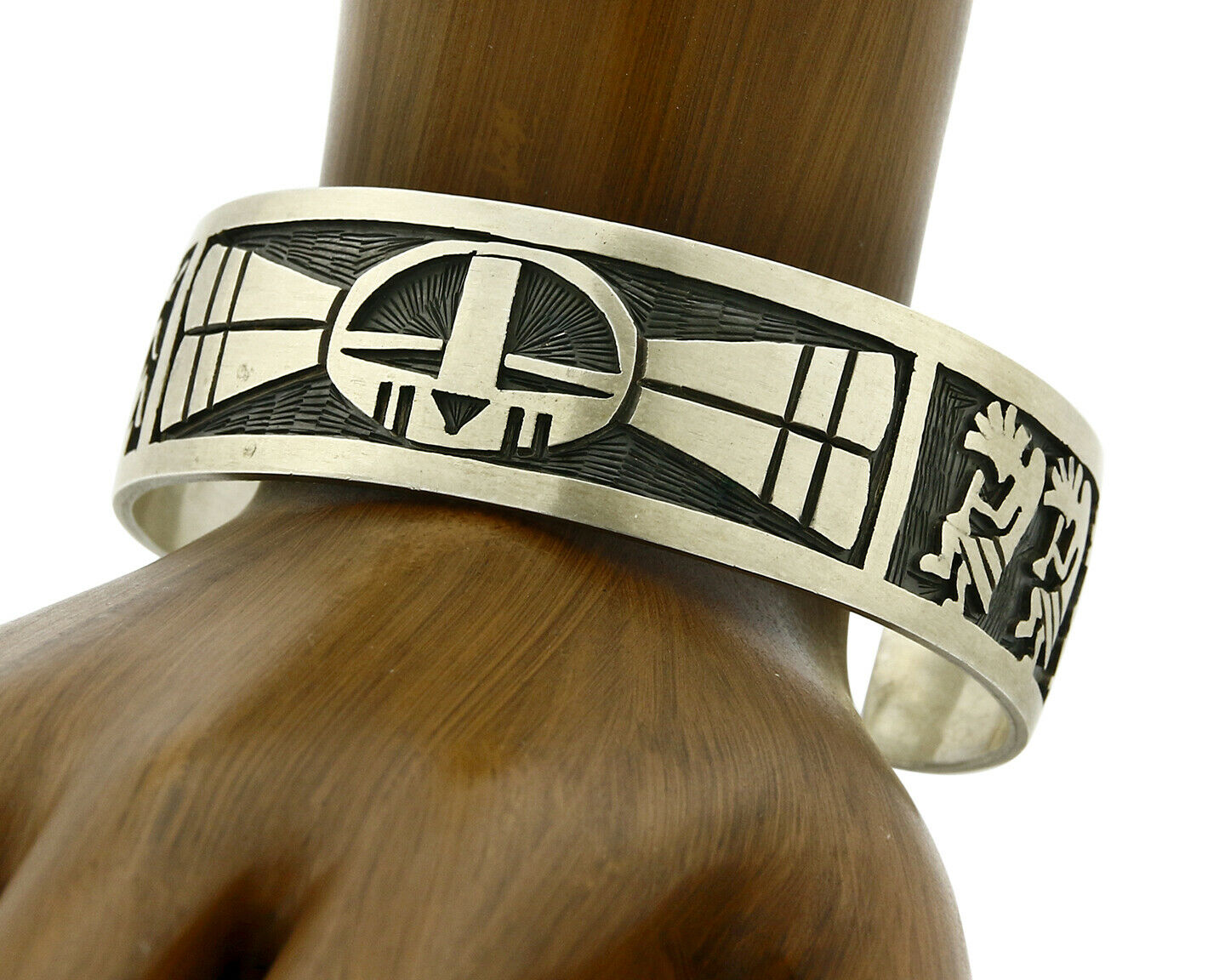 Hopi Bracelet .925 Silver Handmade Kokopelli Corn Sun Overlay Cuff