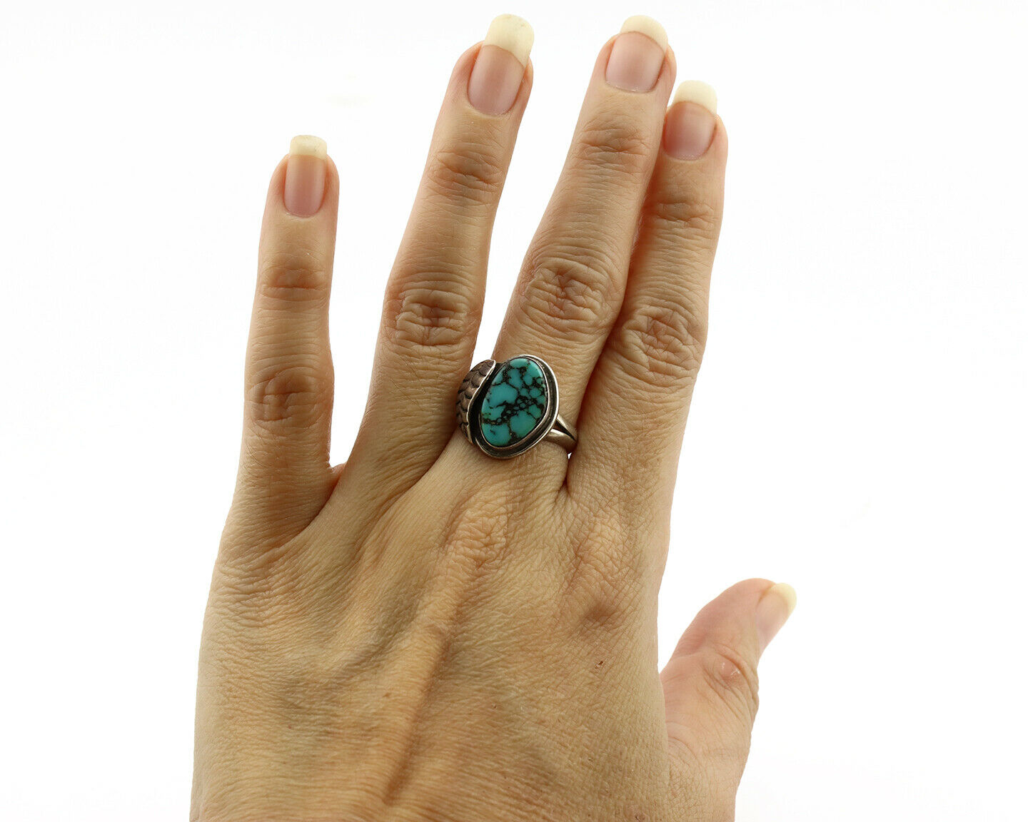 Navajo Ring .925 Silver Spiderweb Turquoise Artist Signed CG01 C.1980's