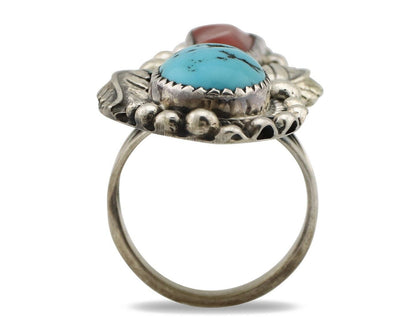 Navajo Ring 925 Silver Blue Turquoise & Coral Signed Stanley Bain C.80's