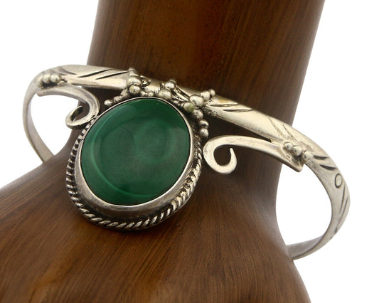 Navajo Bracelet .925 SOLID Silver Malachite Signed Artist IJC C.80's