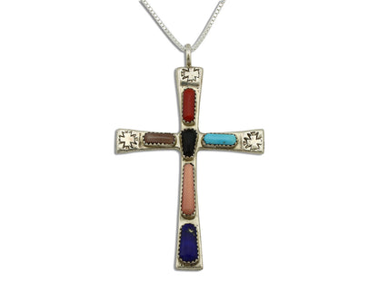 Zuni Handmade Cross Necklace 925 Silver Natural Gemstone Signed W. IULE C.80's