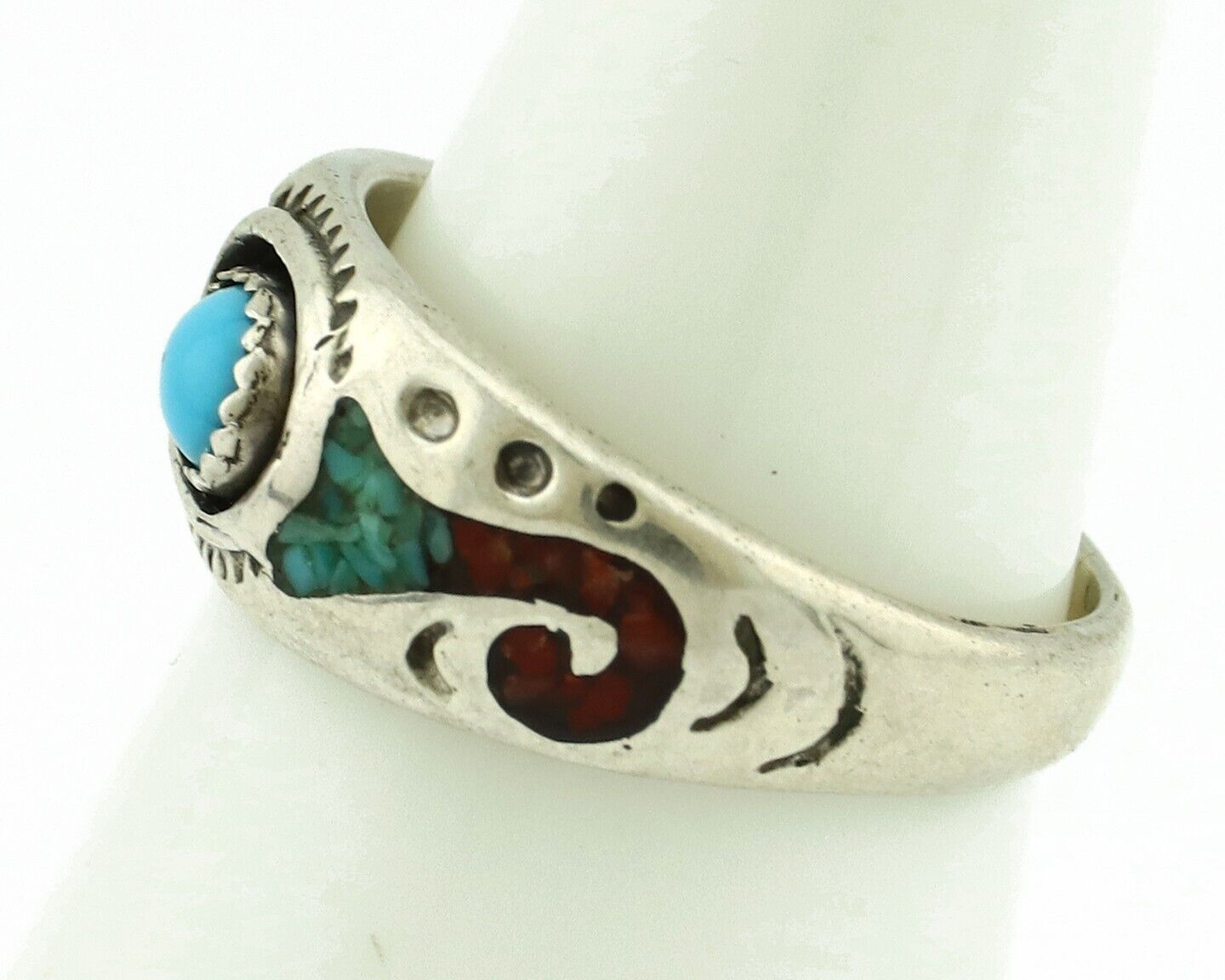 Navajo Handmade Ring 925 Silver Blue Turquoise & Coral Native American C.80's