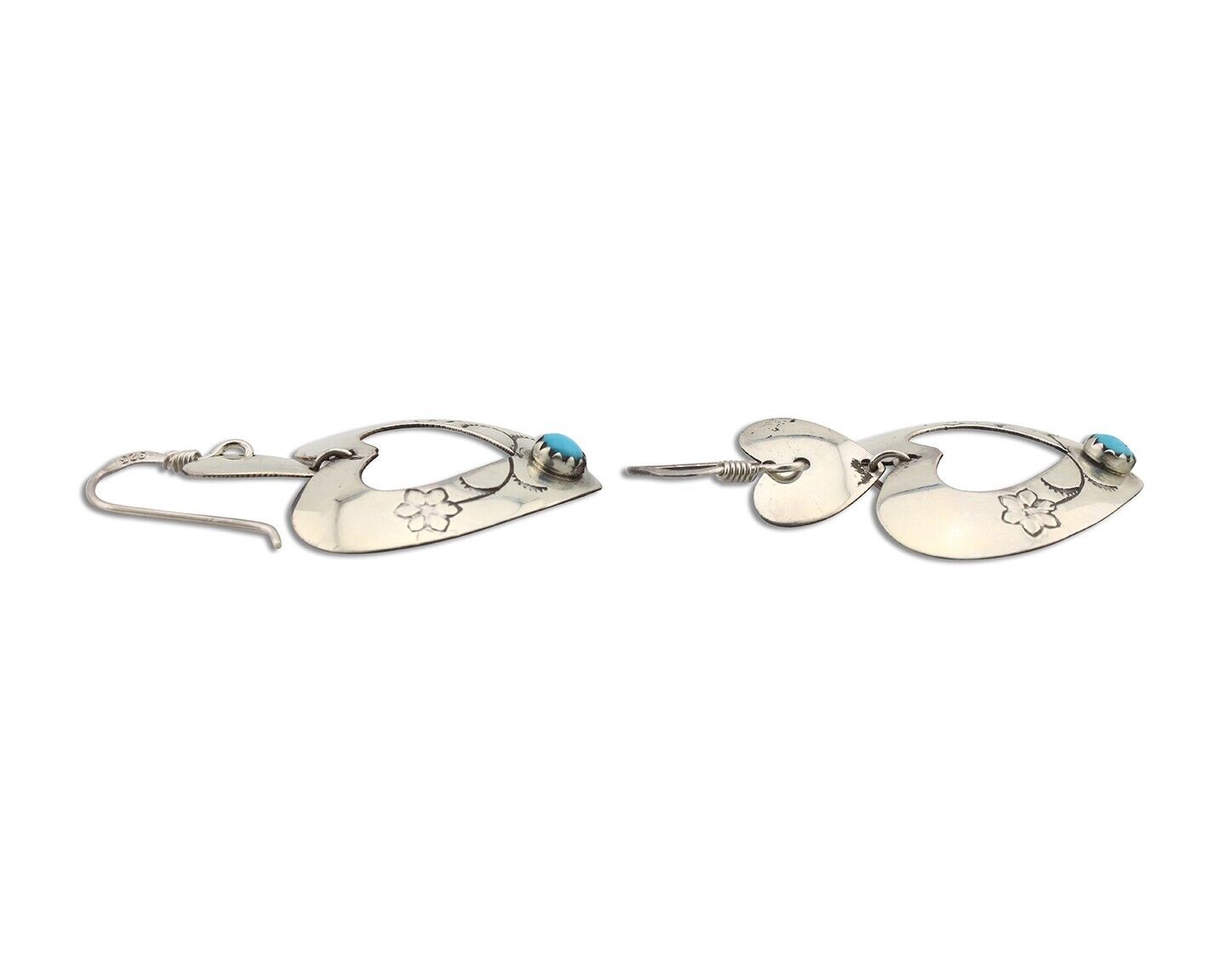 Navajo Dangle Heart Earrings Handmade 925 Silver Blue Turquoise Native Artist 80