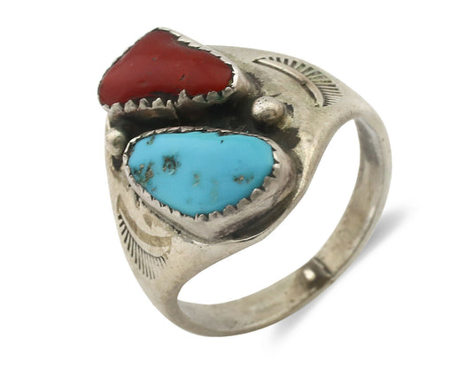 Zuni Ring .925 Silver Natural Turquoise & Coral Native American Artist C.1980's