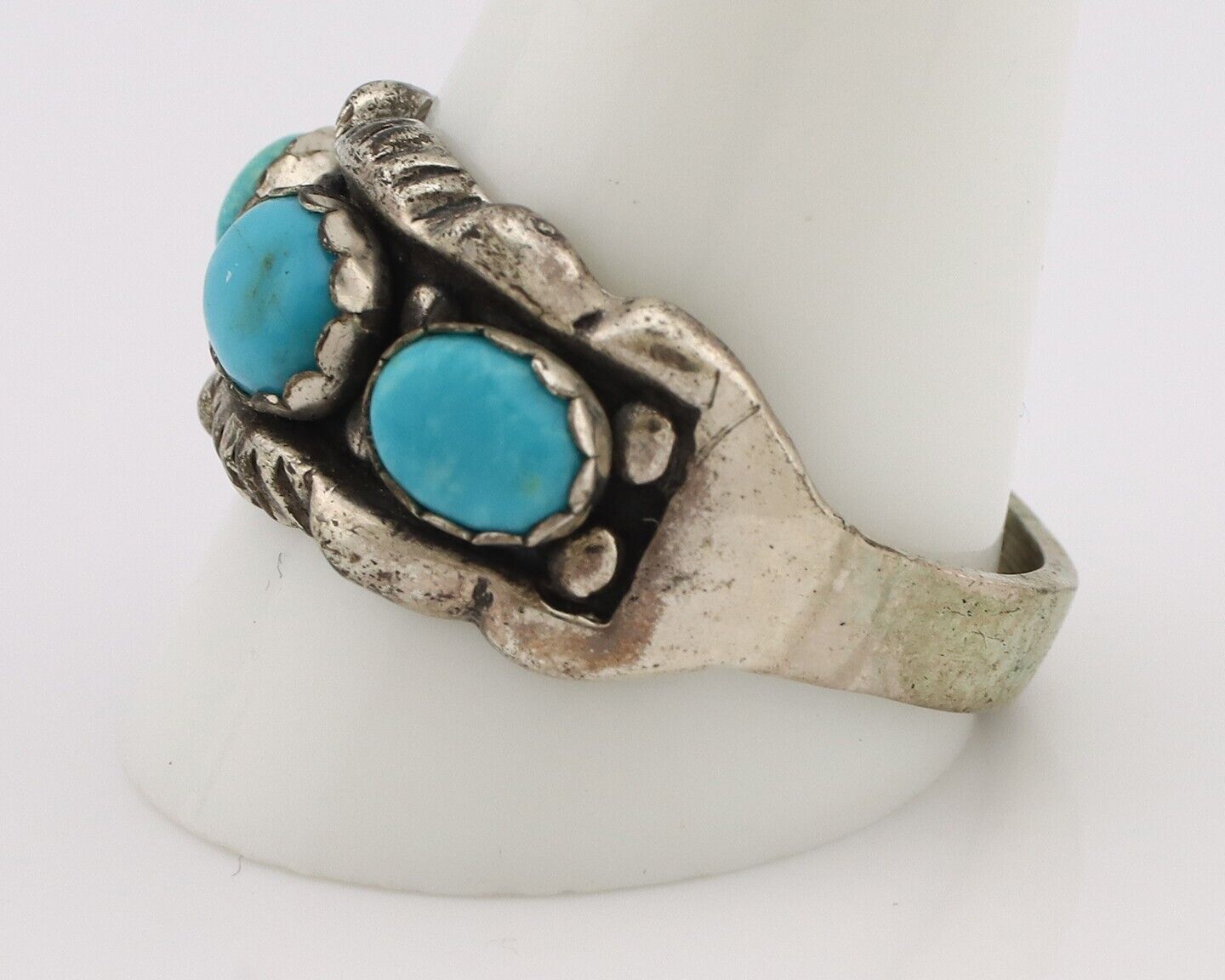 Navajo Ring .925 Silver Natural Blue Turquoise Artist Signed Sun Bell C.80's