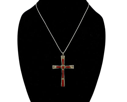 Zuni Handmade Cross Necklace 925 Silver Red Coral Artist Signed WILBUR IULE C80s
