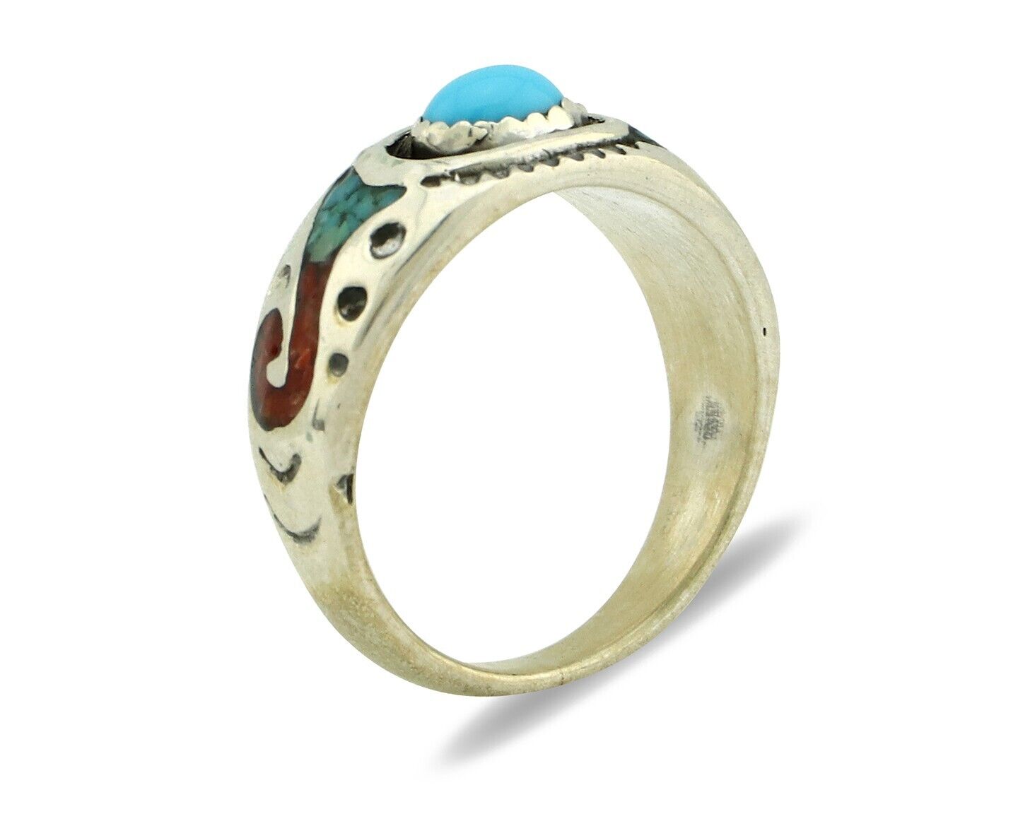 Navajo Handmade Ring 925 Silver Blue Turquoise & Coral Native American C.80's