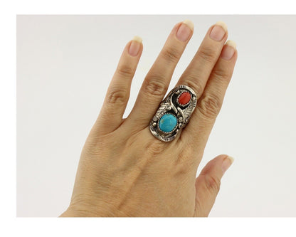 Navajo Ring 925 Silver Blue Turquiose & Mediterranean Coral Native Artist C.80's